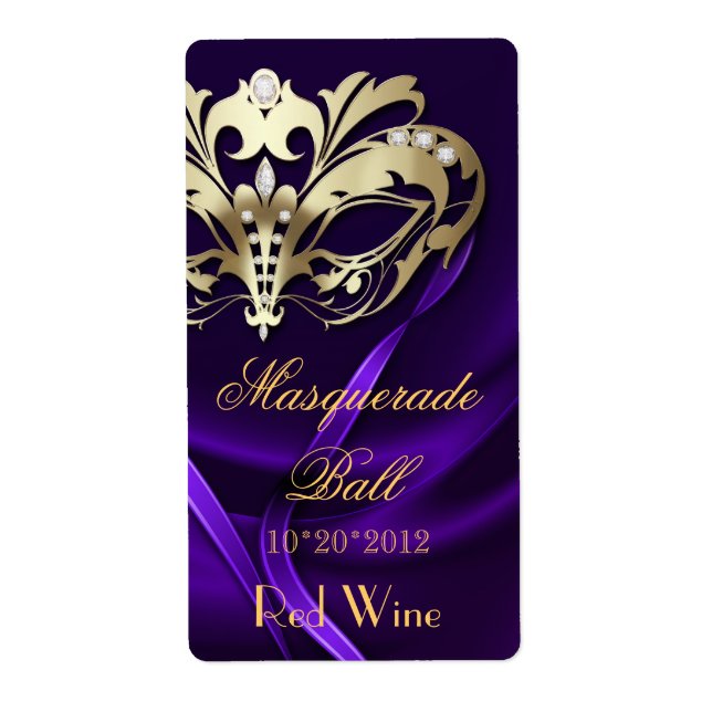 Gold Masquerade Purple Jewelled Holiday Wine Label (Front)