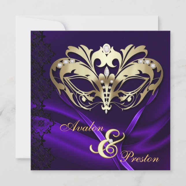Gold Masquerade Purple Jewelled Wedding Invitation (Front)