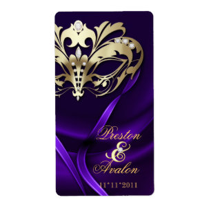 Gold Masquerade Purple Jewelled Wedding Wine Label