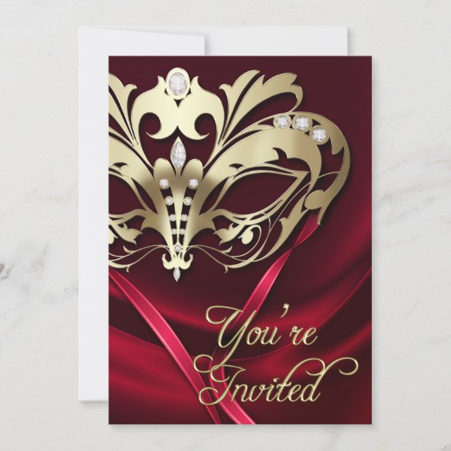 Gold Masquerade Red Jewelled Party Invitation (Front)