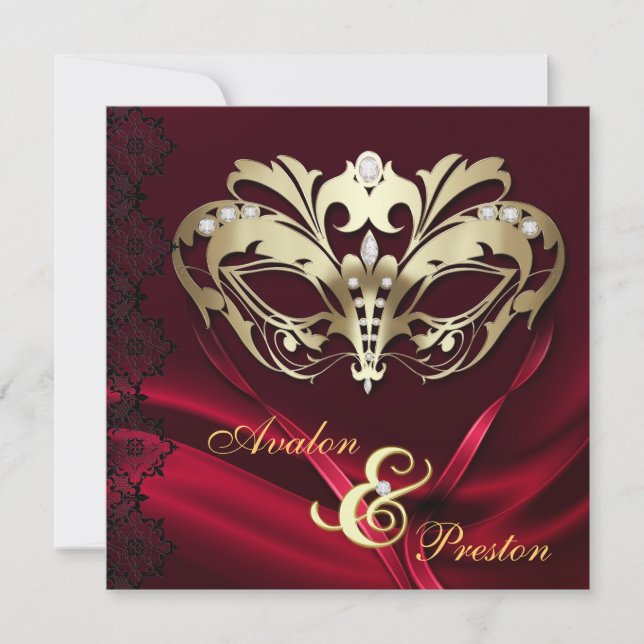 Gold Masquerade Red Jewelled Wedding Invitation (Front)