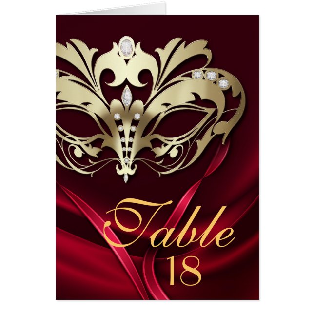 Gold Masquerade Red Table Number Card (Front)