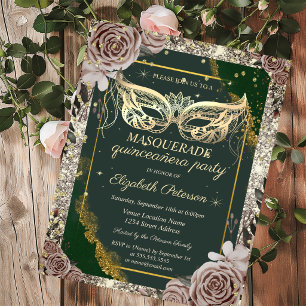 Gold Masquerade Roses Glitter Green Quinceañera Invitation