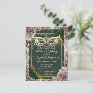 Gold Masquerade Roses Glitter Green Sweet 16 Invitation
