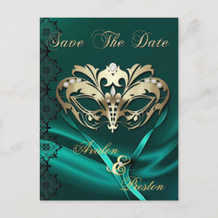 Gold Masquerade Teal Jewel Save The Date Postcard