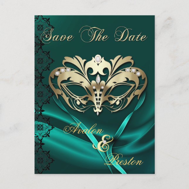 Gold Masquerade Teal Jewel Save The Date Postcard (Front)
