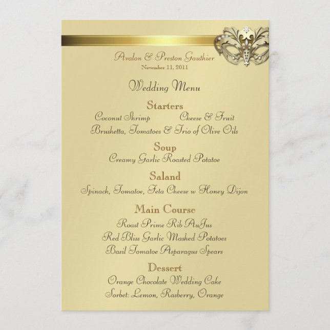 Gold Masquerade Teal Jewel Wedding Menu (Front)