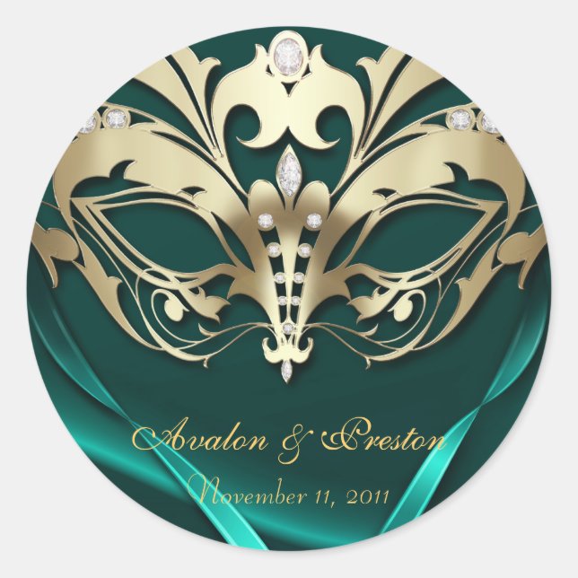 Gold Masquerade Teal Wedding Sticker (Front)