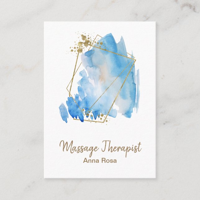 *~* Gold Massage Reiki Blue Abstract Watercolor Business Card (Front)