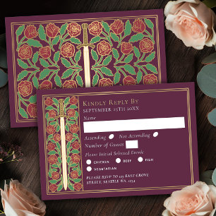 Gold Mauve Mediaeval Floral Sword Wedding RSVP Card