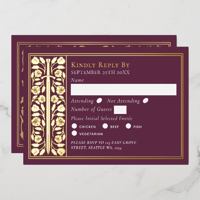 Gold Mauve Mediaeval Sword Wedding RSVP (Front/Back)