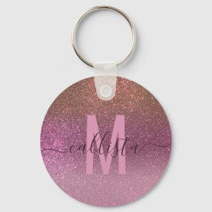 Gold Mauve Purple Sparkly Glitter Ombre Monogram Key Ring