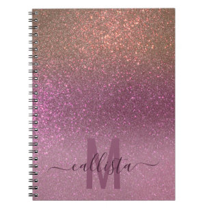 Gold Mauve Purple Sparkly Glitter Ombre Monogram Notebook