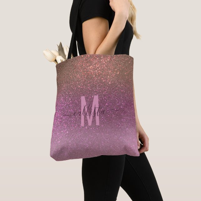 Gold Mauve Purple Sparkly Glitter Ombre Monogram Tote Bag (Close Up)