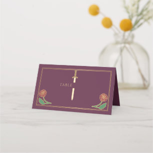 Gold Mauve Royal Mediaeval Floral Sword Wedding  Place Card