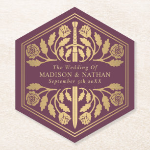 Gold Mauve Royal Mediaeval Sword Wedding Paper Coaster