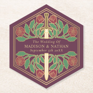 Gold Mauve Royal Medieval Floral Sword Wedding Paper Coaster