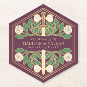Gold Mauve Royal White Floral Sword Wedding Paper Coaster