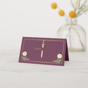 Gold Mauve Royal White Floral Sword Wedding  Place Card