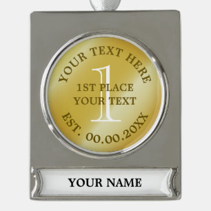 Gold medal first place champion winner medallion silver plated banner ornament