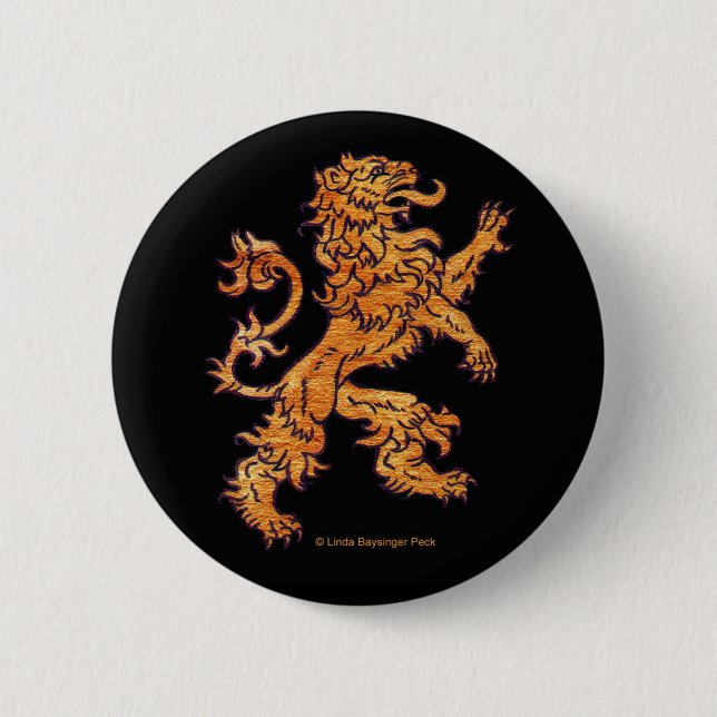 Gold Mediaeval Lion on Black 6 Cm Round Badge (Front)