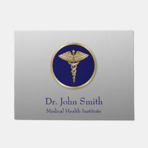 Gold Medical Caduceus Professional Blue Doormat