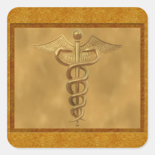 Gold Medical Caduceus Square Sticker