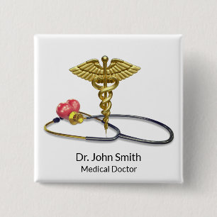 Gold Medical Caduceus & Stethoscope with Heart 15 Cm Square Badge