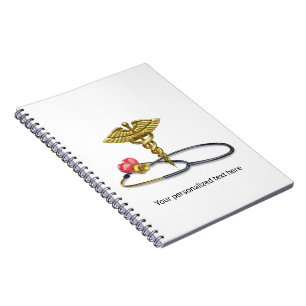 Gold Medical Caduceus & Stethoscope with Heart Notebook