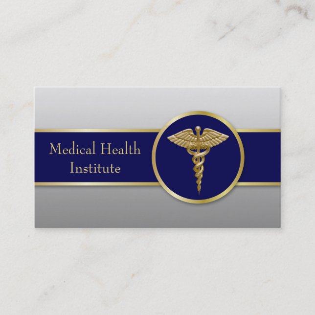 Gold Medical Professional Caduceus Blue Business Card (Front)