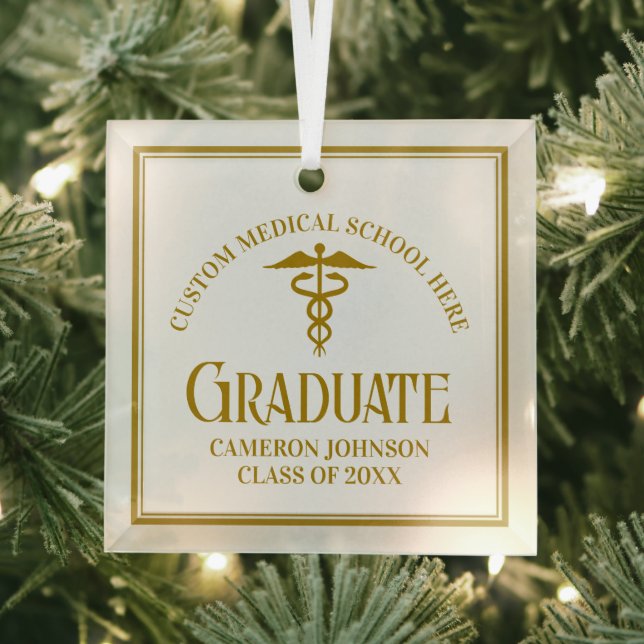 Gold Medical School Graduation Custom Christmas Glass Tree Decoration (Insitu)