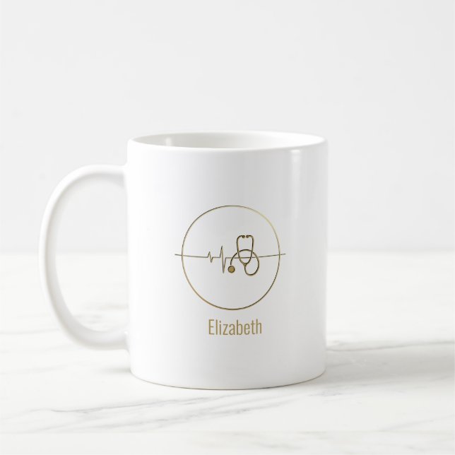 Gold Medical Stethoscope Heartbeat Custom Name Coffee Mug (Left)