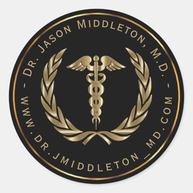 Gold Medical Symbol on Black Classic Round Sticker (Front)