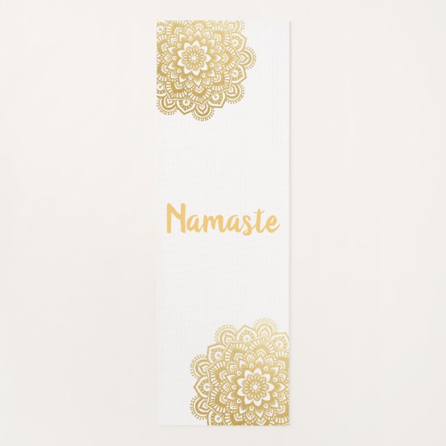 Gold Mehendi Mandala Pattern Namaste Yoga Mat (Front)