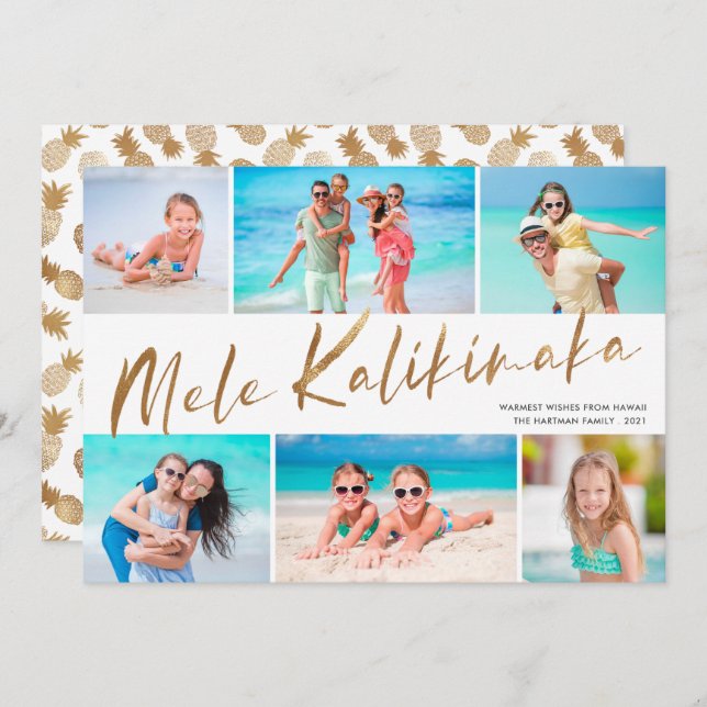 Gold Mele Kalikimaka 6 Photo Collage Christmas  Ho Holiday Card (Front/Back)