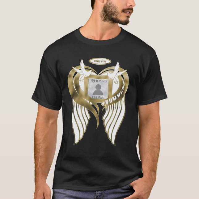 Gold Memorial | Add Photo with Wings, Heart Doves T-Shirt (Front)