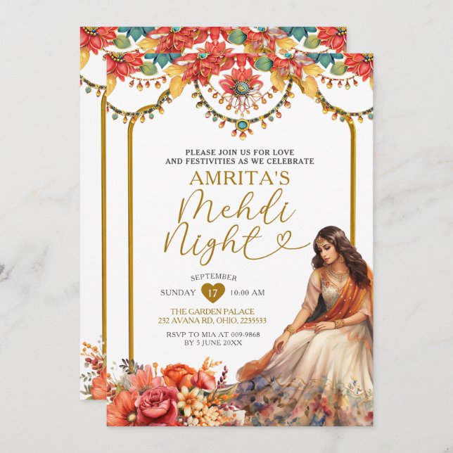 Gold Menhdi Night Indian Dholki Paskitan Floral Invitation (Front/Back)