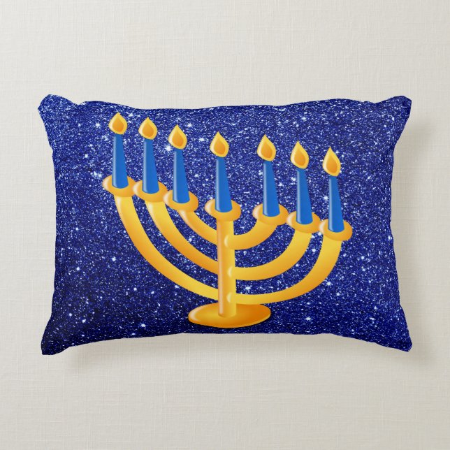 Gold Menorah Blue Faux Glitter Decorative Cushion (Front)