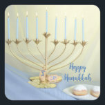 Gold Menorah, Coins & Dreidels Happy Hanukkah Square Sticker<br><div class="desc">Introducing our delightful Hanukkah Celebration Sticker, featuring a harmonious blend of traditional elements that bring the spirit of the Festival of Lights to life! This charming sticker includes a radiant menorah, gleaming coins, a playful dreidel, and tempting doughnuts—all beautifully illustrated to add a touch of warmth and festivity to your...</div>