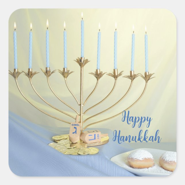  Gold Menorah, Coins & Dreidels Happy Hanukkah Square Sticker (Front)