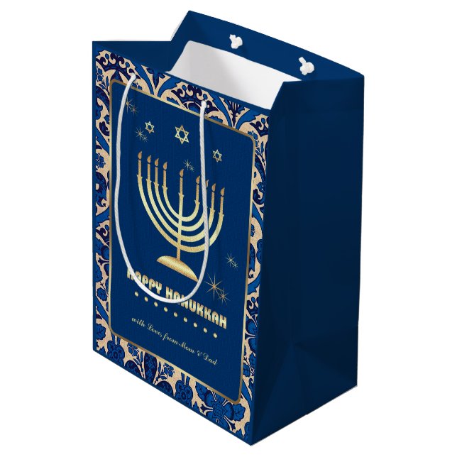 Gold Menorah | Custom Name Hanukkah  Medium Gift Bag (Back Angled)