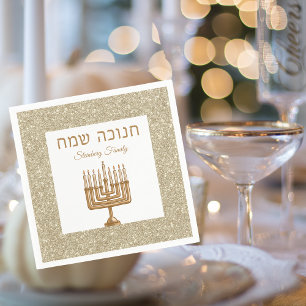 Gold Menorah Jewish Celebration Hebrew Hanukkah  Napkin