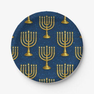 Gold Menorah Pattern Hanukkah Paper Plate