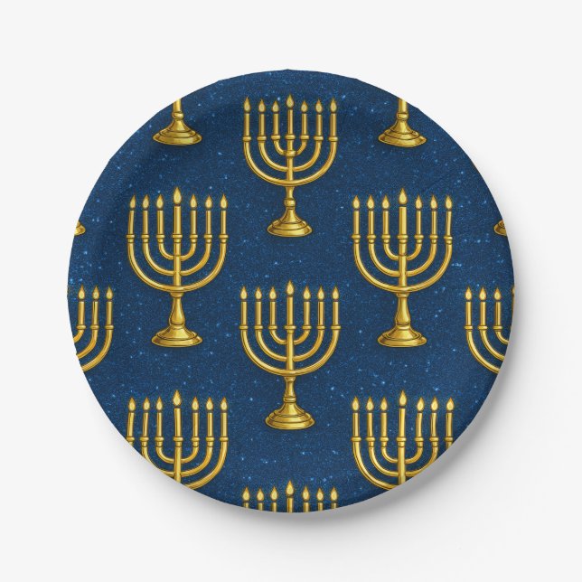 Gold Menorah Pattern Hanukkah Paper Plate (Front)
