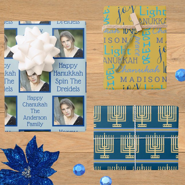 Gold Menorah Typography Photo Blue Hanukkah Wrapping Paper Sheet (Creator Uploaded)