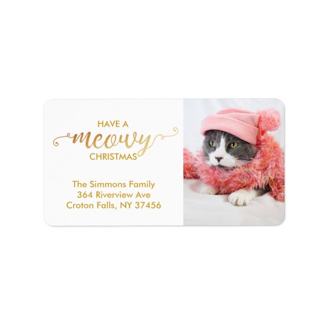 Gold MEOWY Personal Cat Photo Pet Holiday Label (Front)