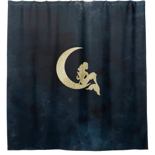 Gold Mermaid Moon on Night Sky Shower Curtain (Front)