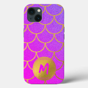 Gold Mermaid Scales Pink Glitter Pattern Monogram iPhone 13 Case