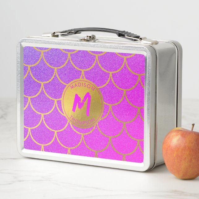 Gold Mermaid Scales Pink Glitter Pattern Monogram Metal Lunch Box (In Situ)