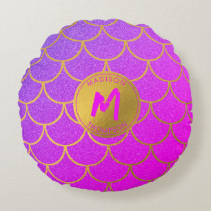 Gold Mermaid Scales Pink Glitter Pattern Monogram Round Cushion
